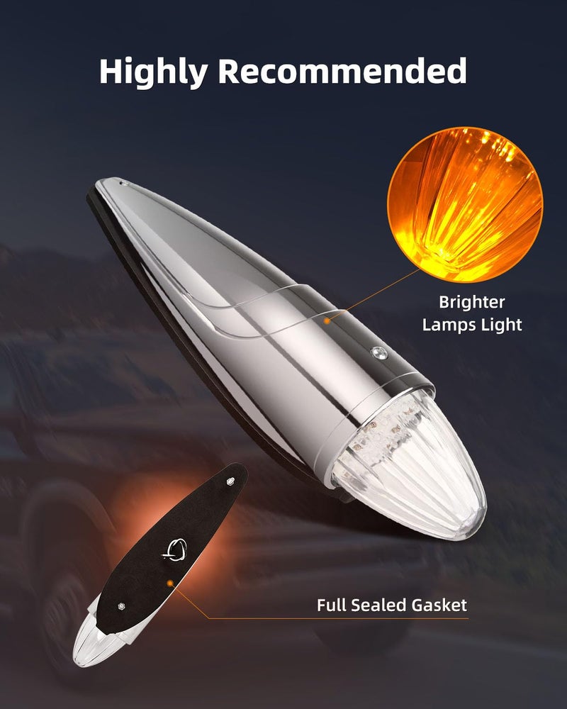 LBRST 5 x 17 LED Chrome Truck Roof Lights Amber Torpedo Cab Marker Roof Running Top Lights Assembly Heavy Duty Trucks Replacement for Peterbilt/Freightliner/Mack Clear Lens (5 pcs) - Image 3